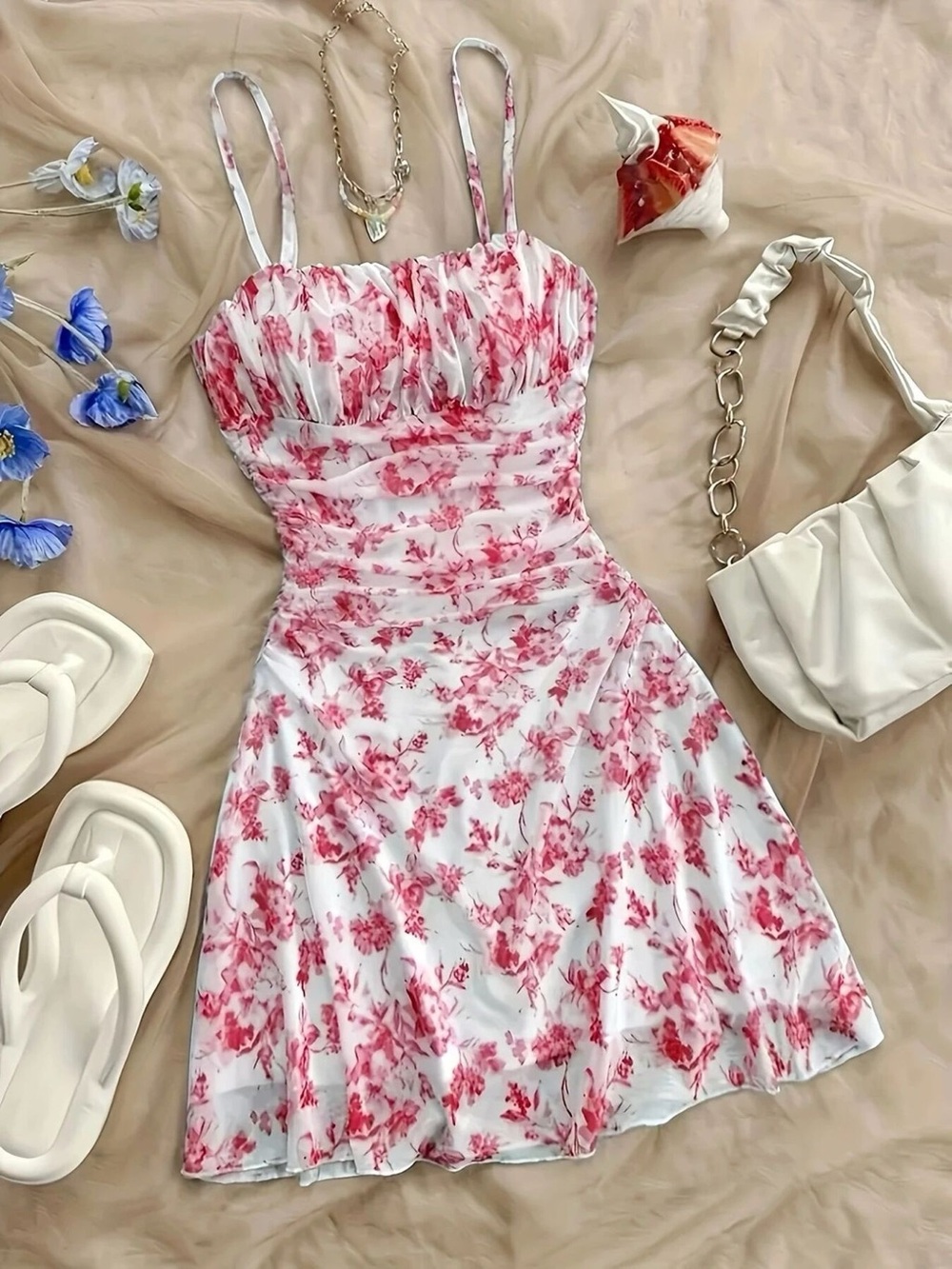 Floral Ruched Spaghetti Strap Mini Dress